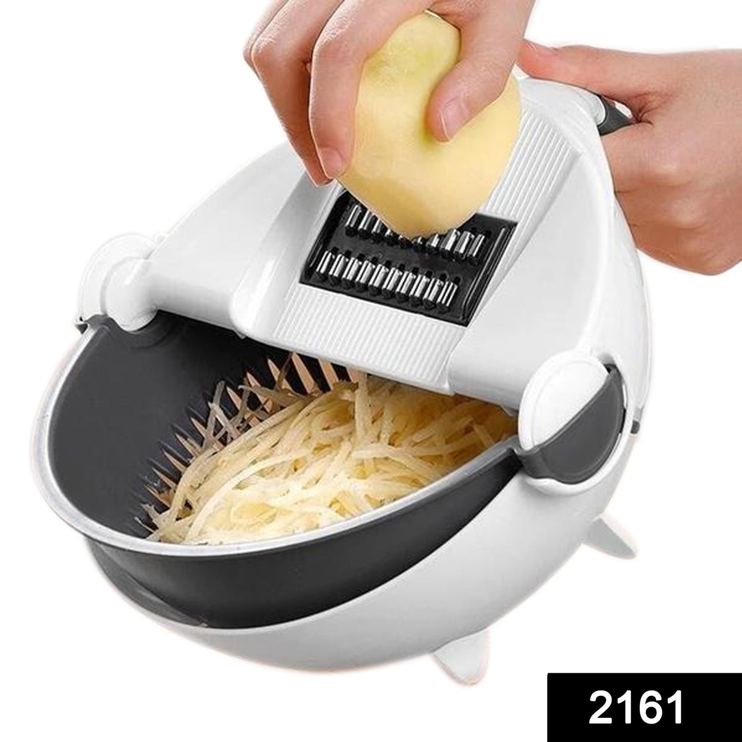 Overview of the vegetable cutter slicer displaying its multiple blade attachments and rotating drain basket.