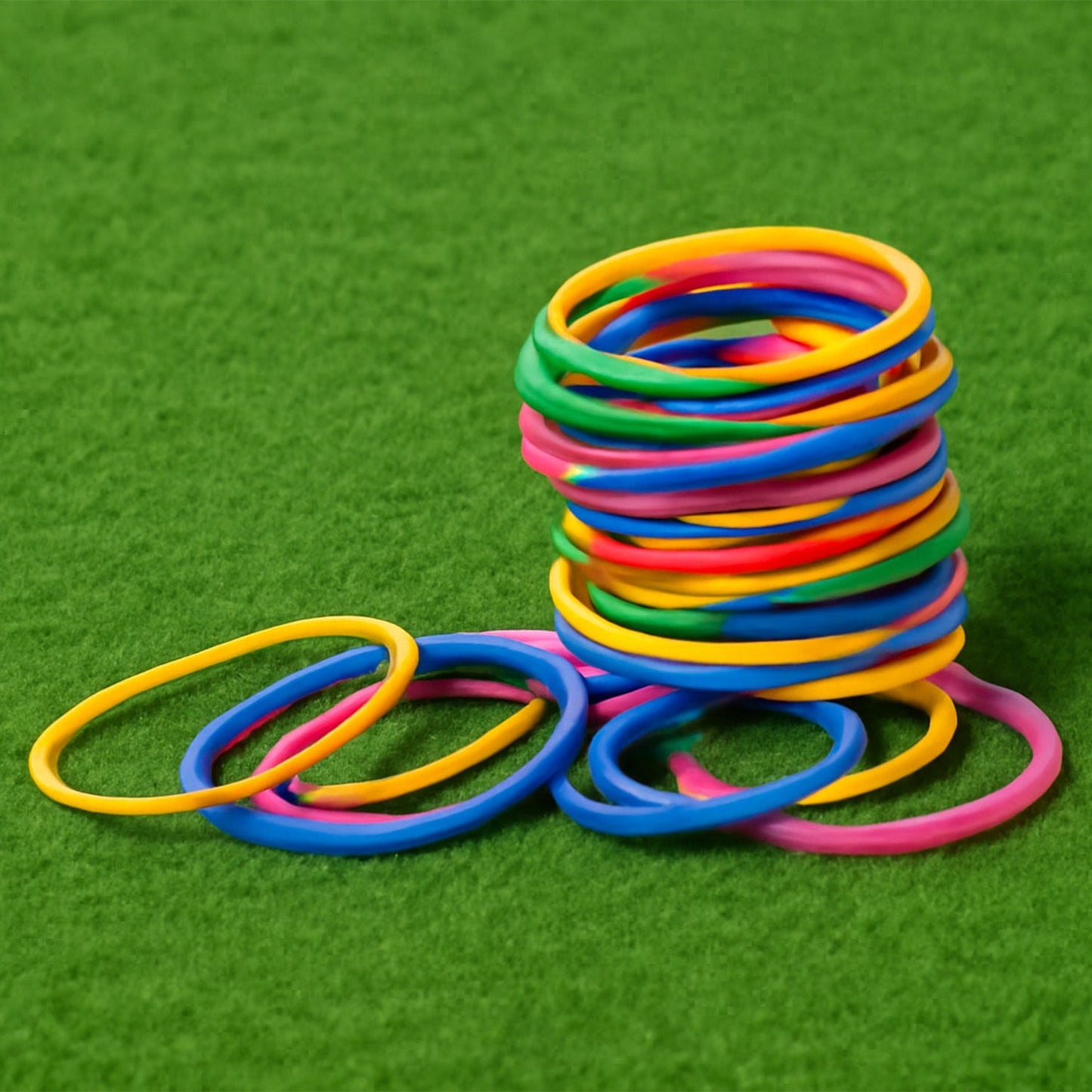 Vibrant multicolor nylon elastic rubber bands for stationery bundling.