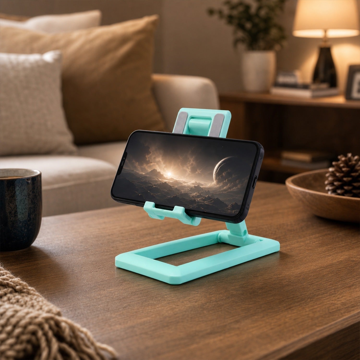 Foldable phone stand in office setting with laptop
