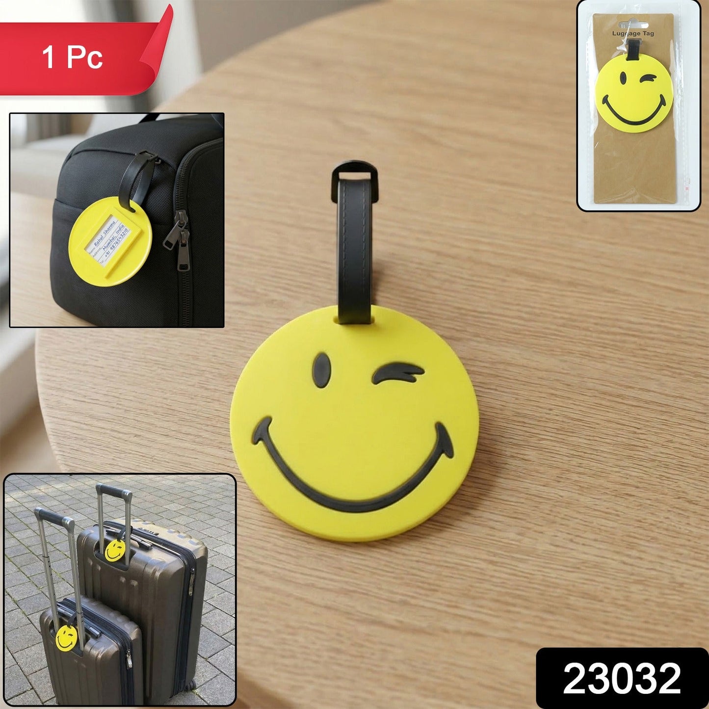 Colorful round travel tag with smiley emoji