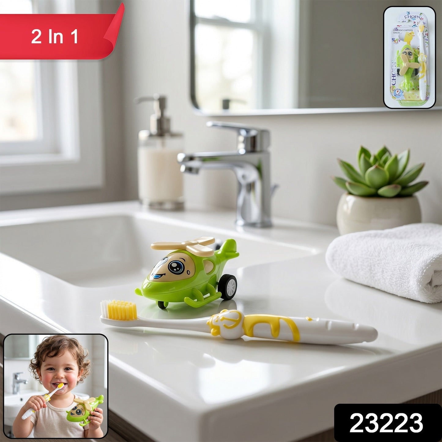 Kids oral care set with soft bristle toothbrush and helicopter toy