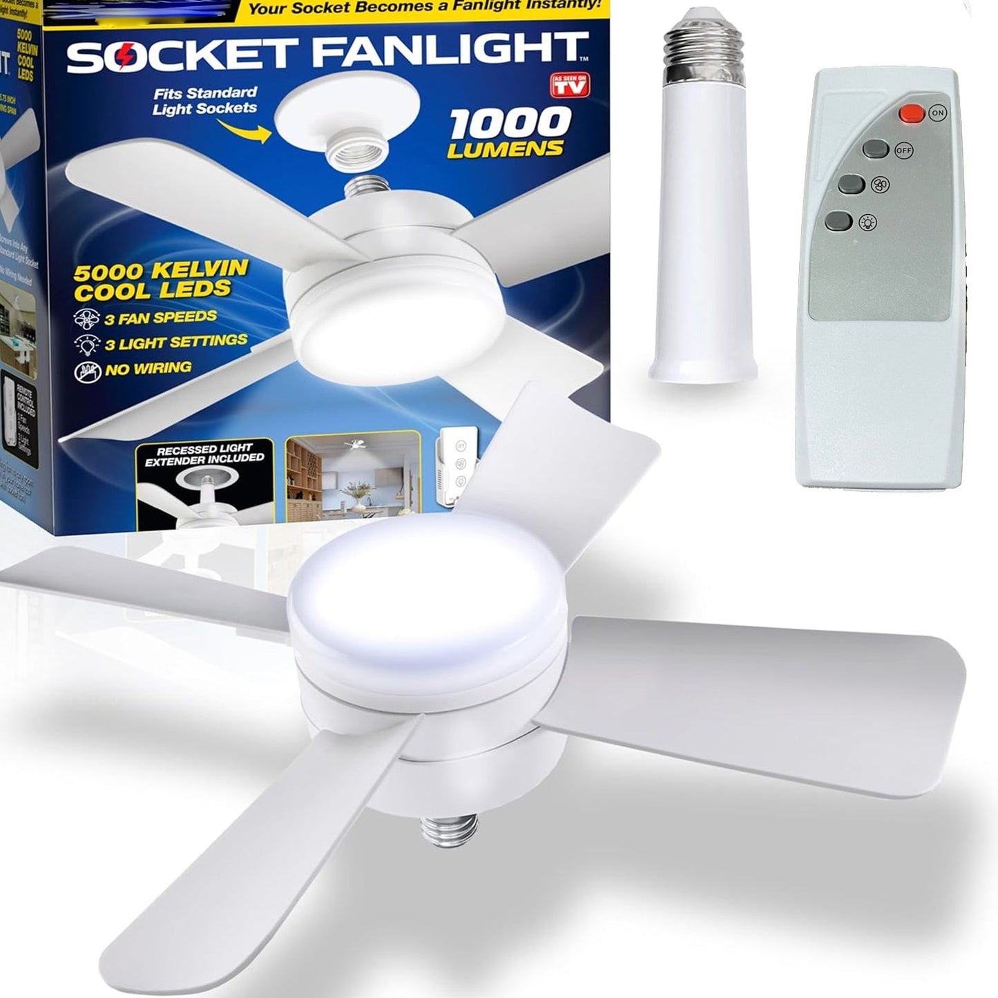 White ceiling fan with integrated LED light on a plain background