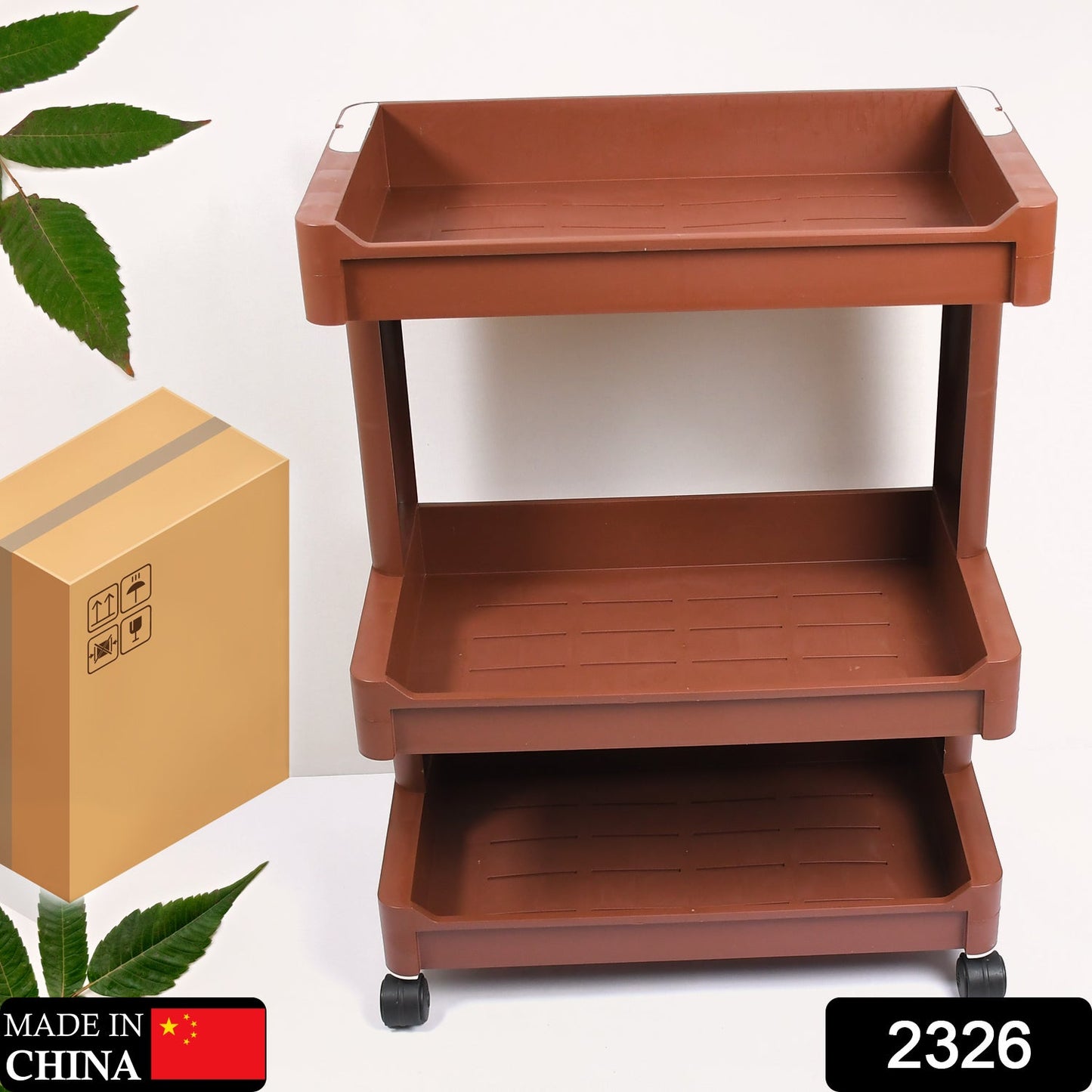 Mobile plastic kitchen bar cart with sturdy wheels for easy movement.