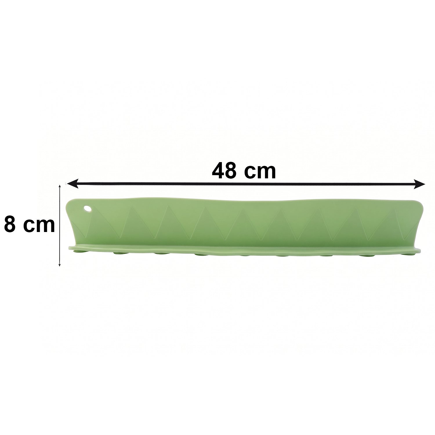 Dimensions of the green silicone water splash barrier, showing 48cm length.