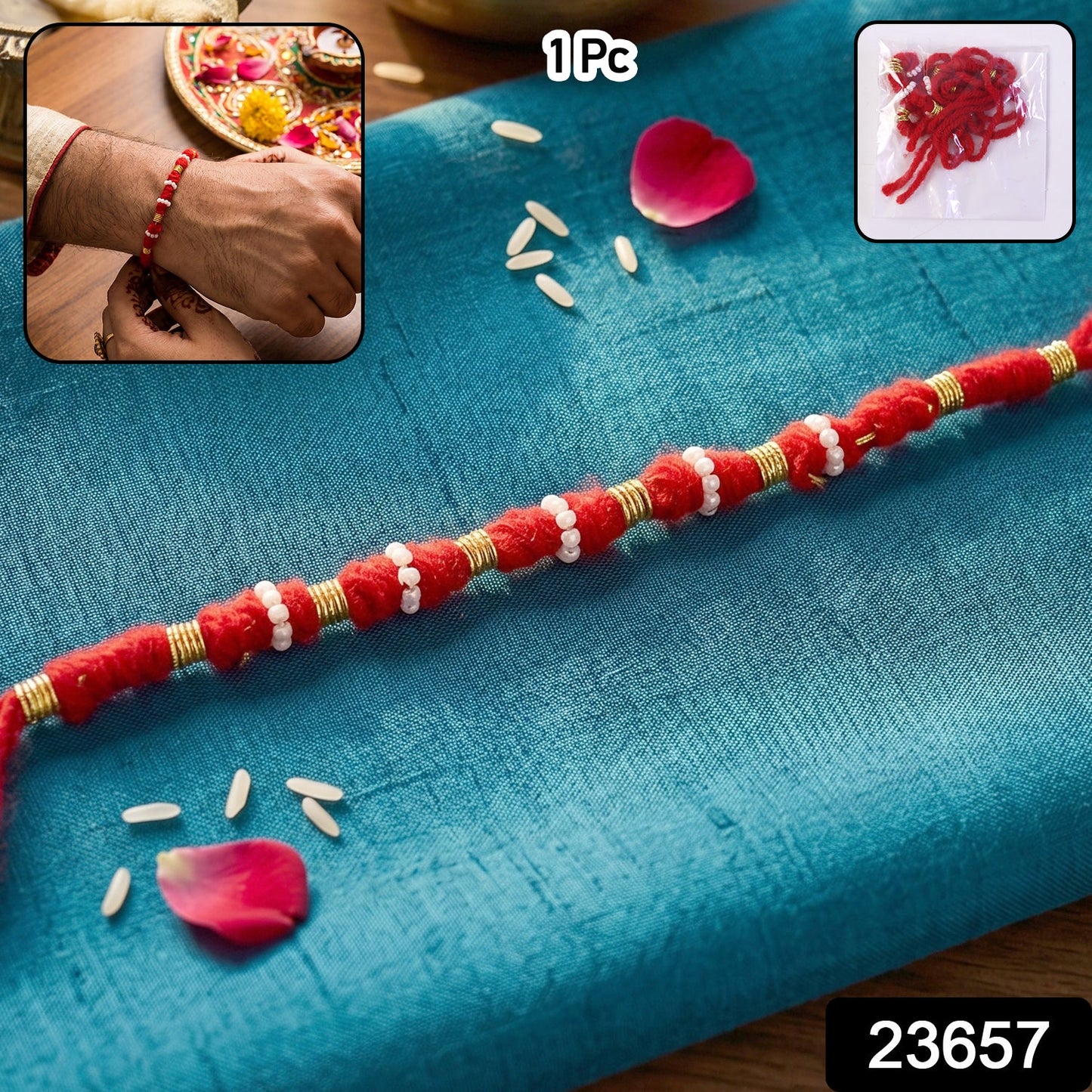 Handmade red cotton rakhi with traditional beadwork