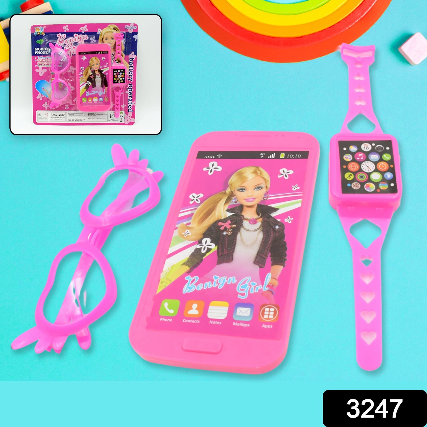 Close-up of the Barbie musical toy phone with a screen displaying a Barbie image and large buttons.
