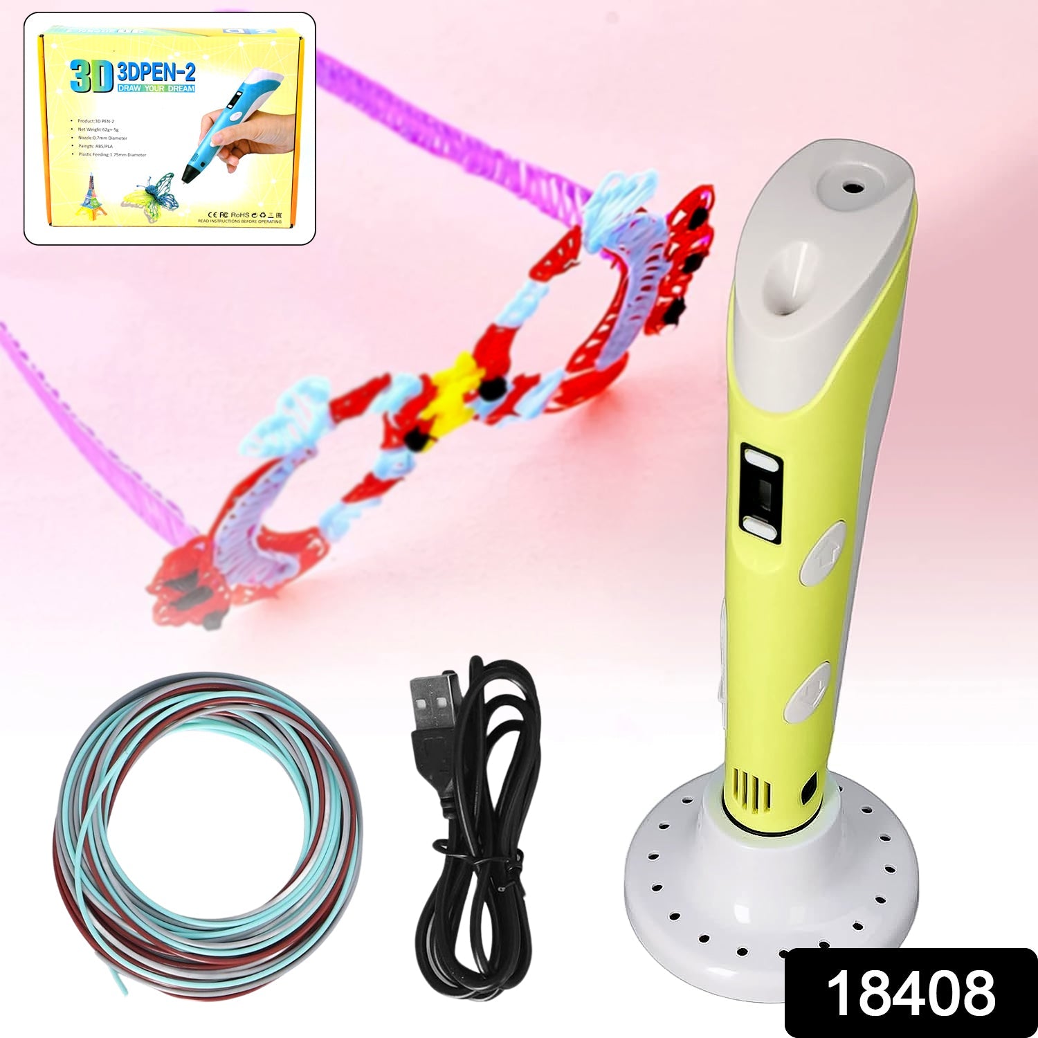 Close-up of the ergonomic 3D printing pen with colorful filament ready for creative projects.