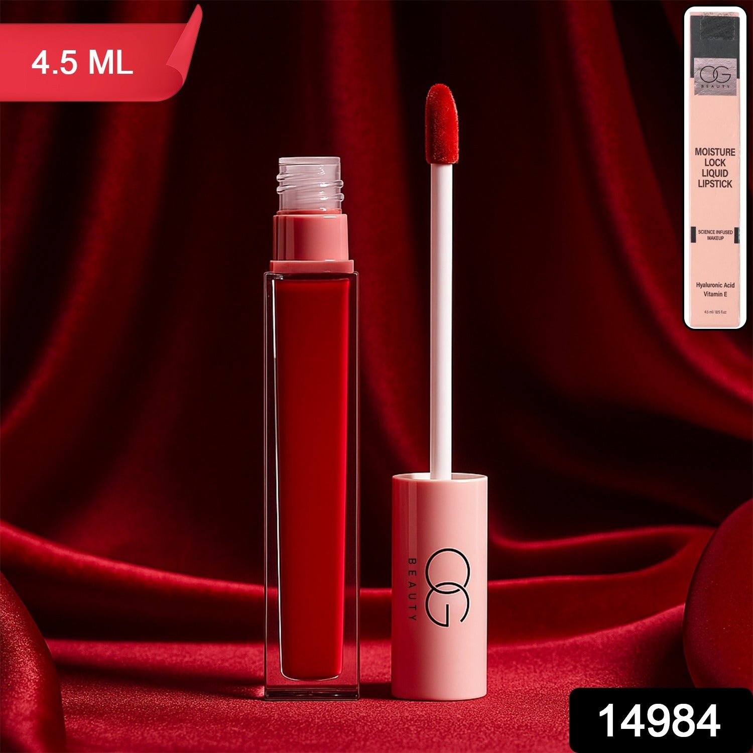 Close-up of Red Rush Liquid Lipstick applicator showing satin red color