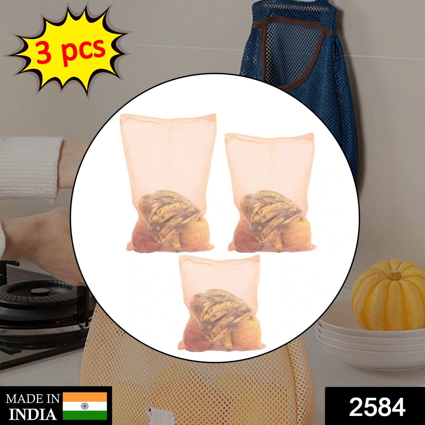 Set of breathable reusable mesh bags for fresh produce storage in fridge.