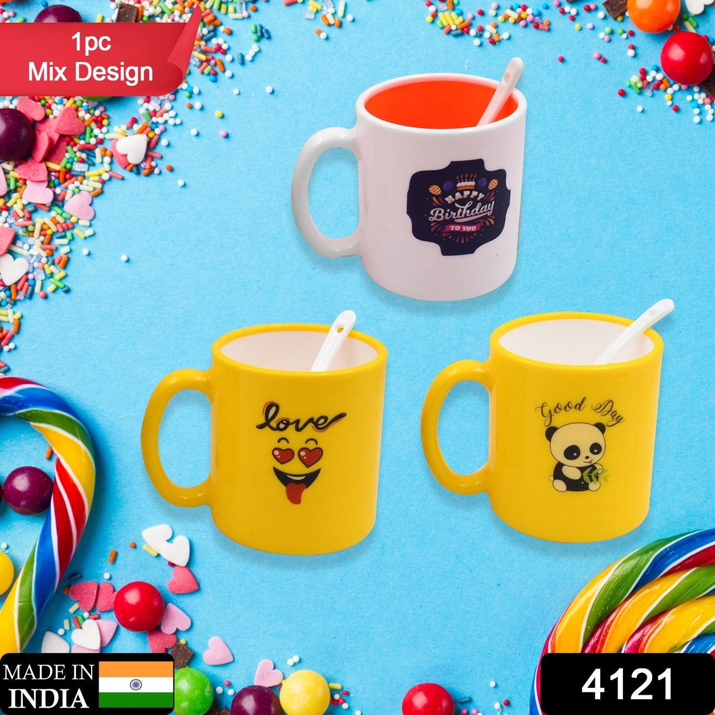 Vibrant ceramic designer coffee mug with matching spoon.