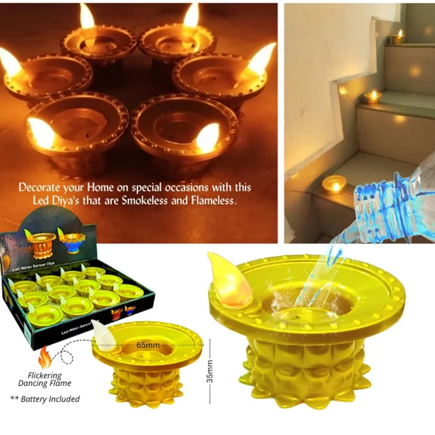 Close-up of a golden water sensor LED diya flickering with a warm light.