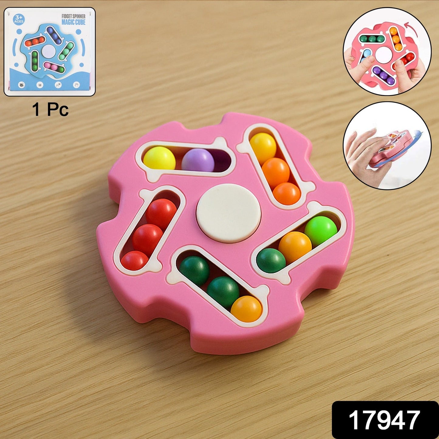 Multi-angle view of Fidget Magic Cube Spinner Toy with spinning center and bead tracks.