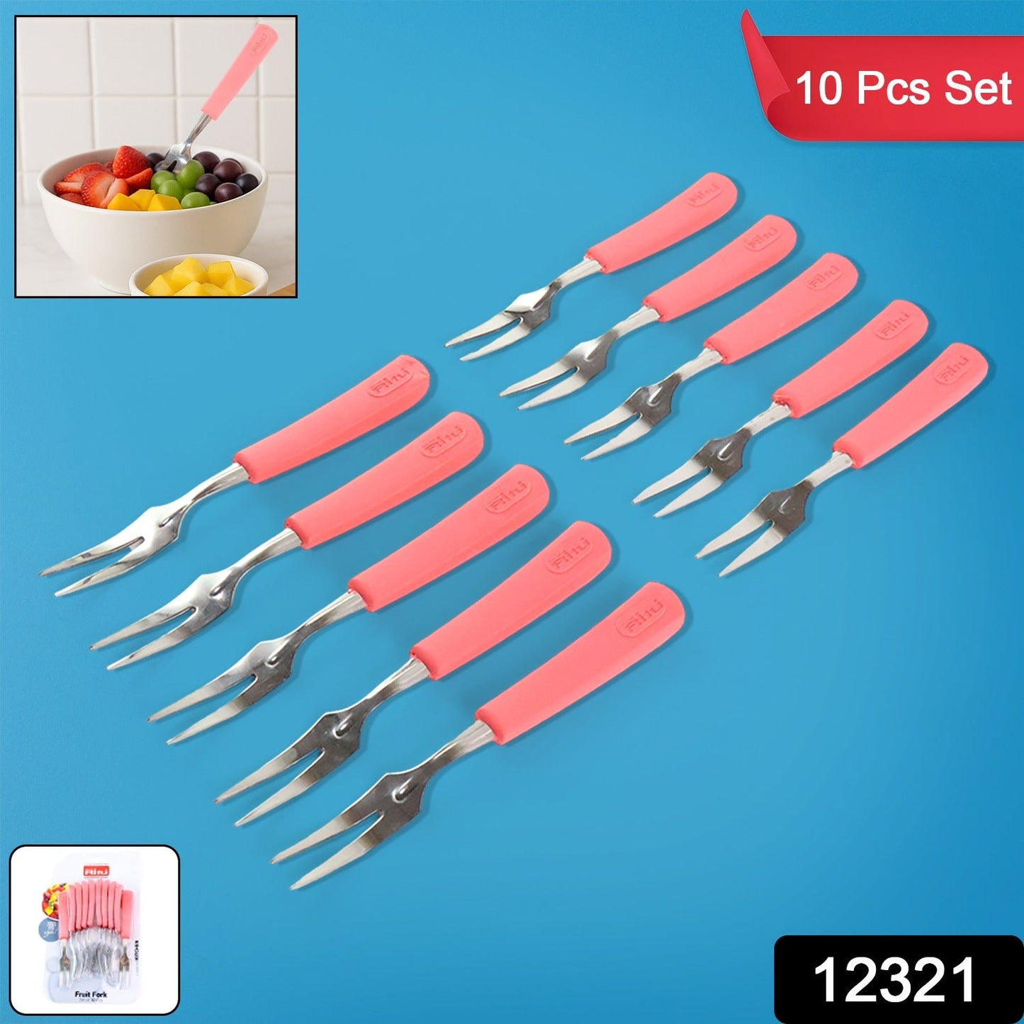 Pink-handled stainless steel mini fruit forks arranged on a platter