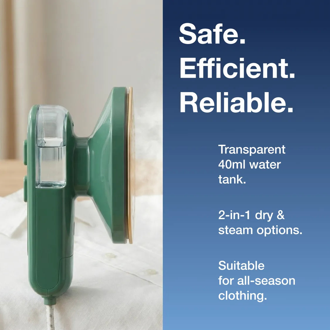 Detailed view of the portable steam iron's specifications and buttons.