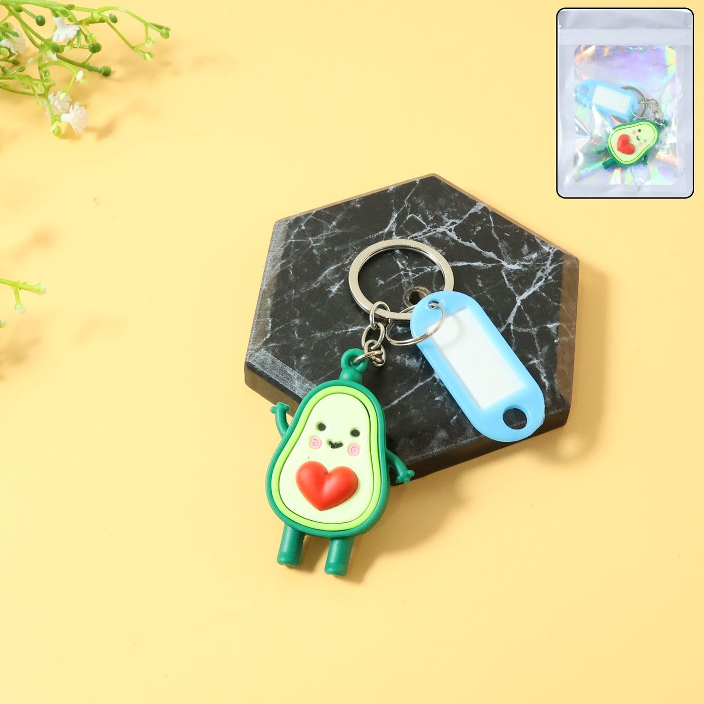 Cute avocado cartoon keychain with heart design and name tag holder