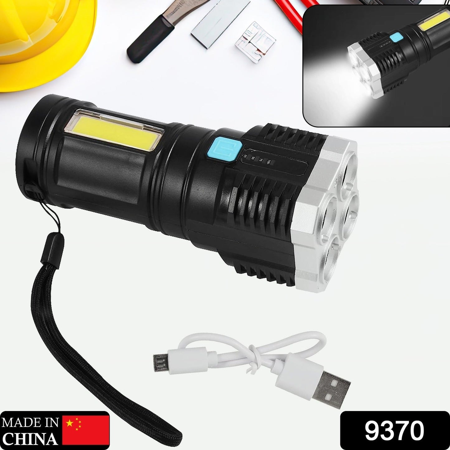 A powerful Rechargeable Torch Light with 4 LEDs and COB sidelight, ideal for camping adventures.