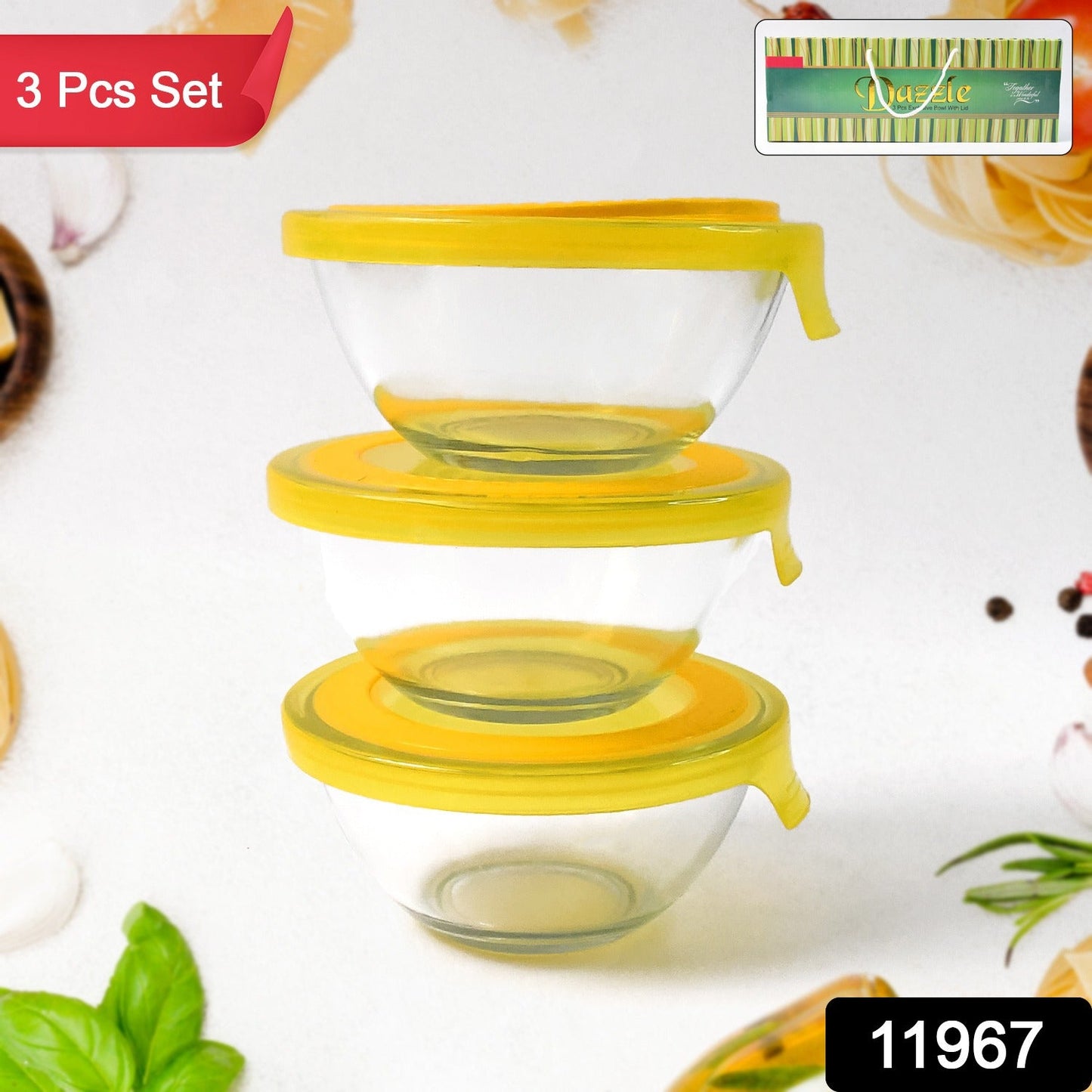 Clear glass bowl set with colorful lids suitable for microwave and freezer use