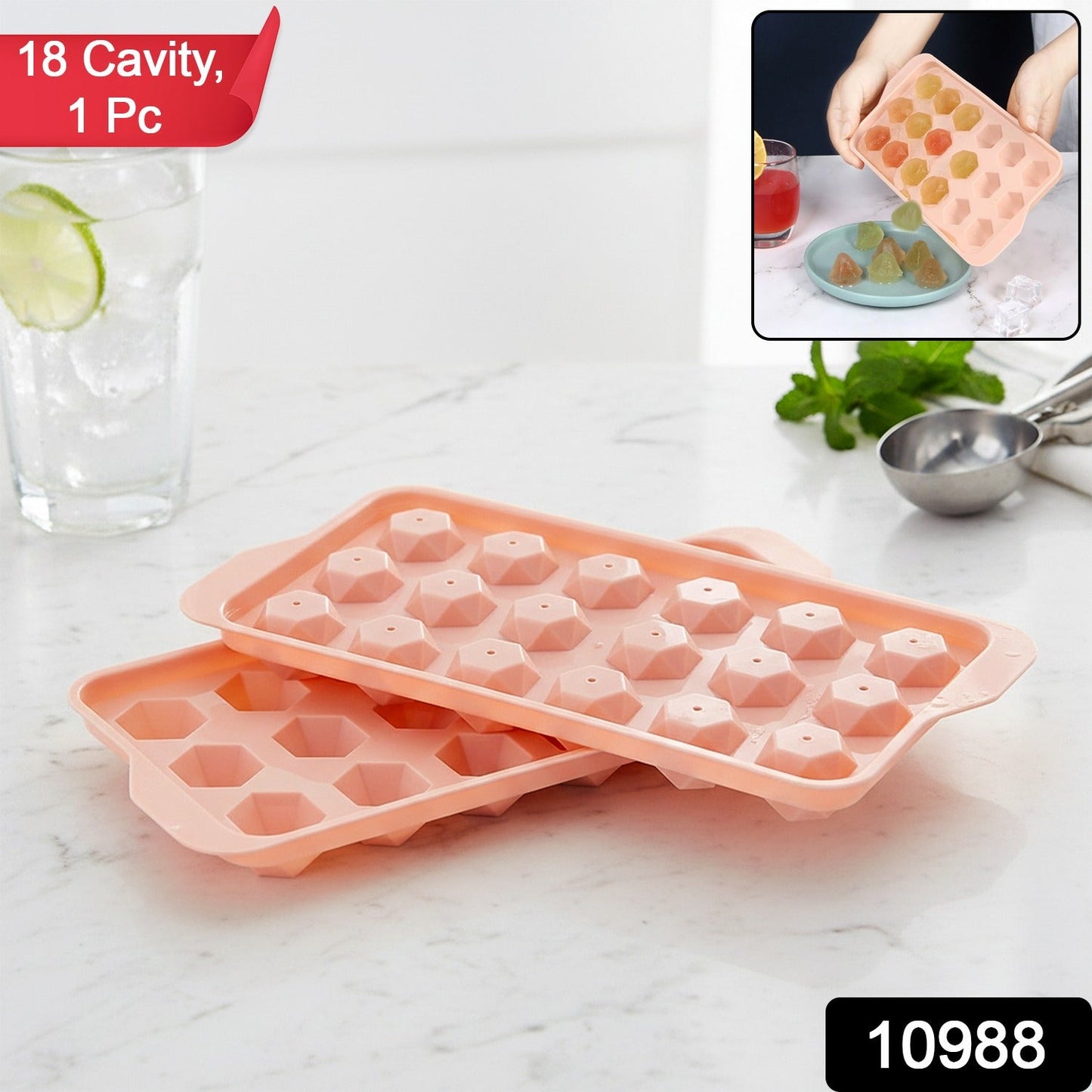 Diamond-shaped ice cube mold in use, filled with liquid