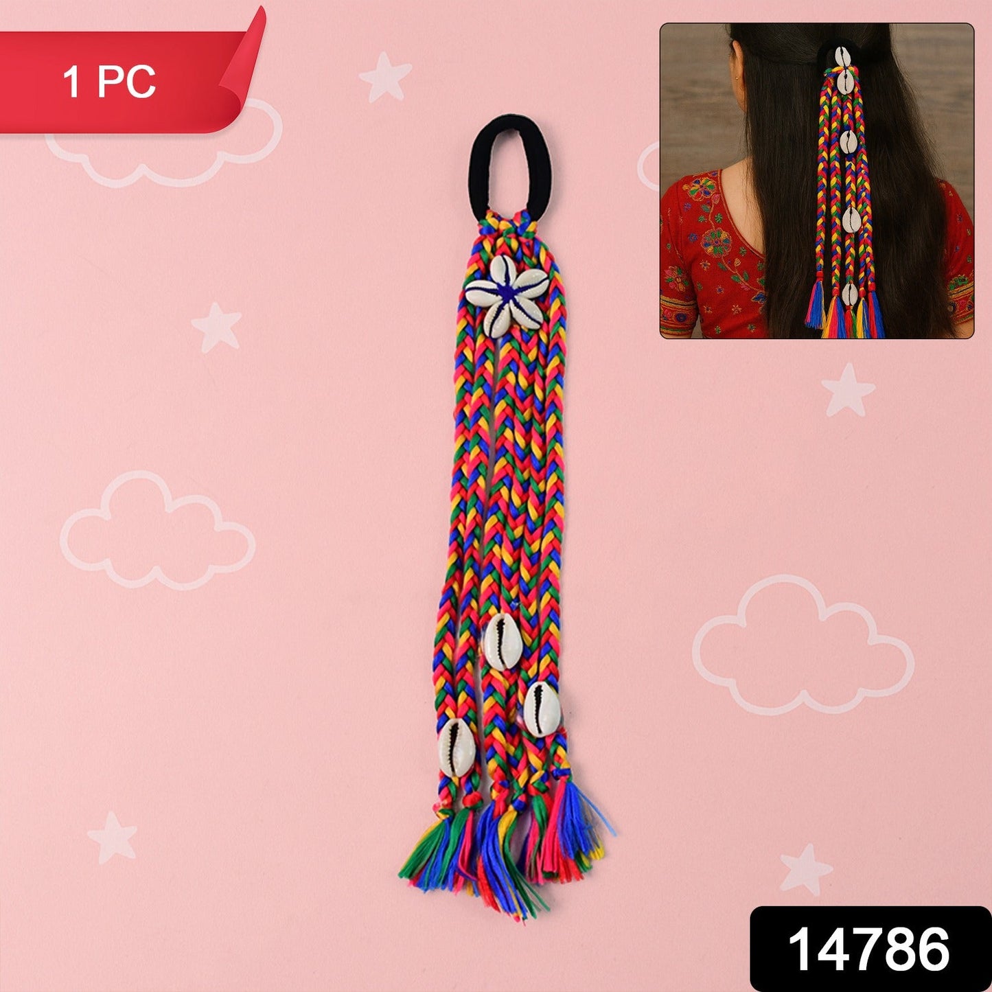 Braided hair accessory styled in vibrant colors with shell bead details