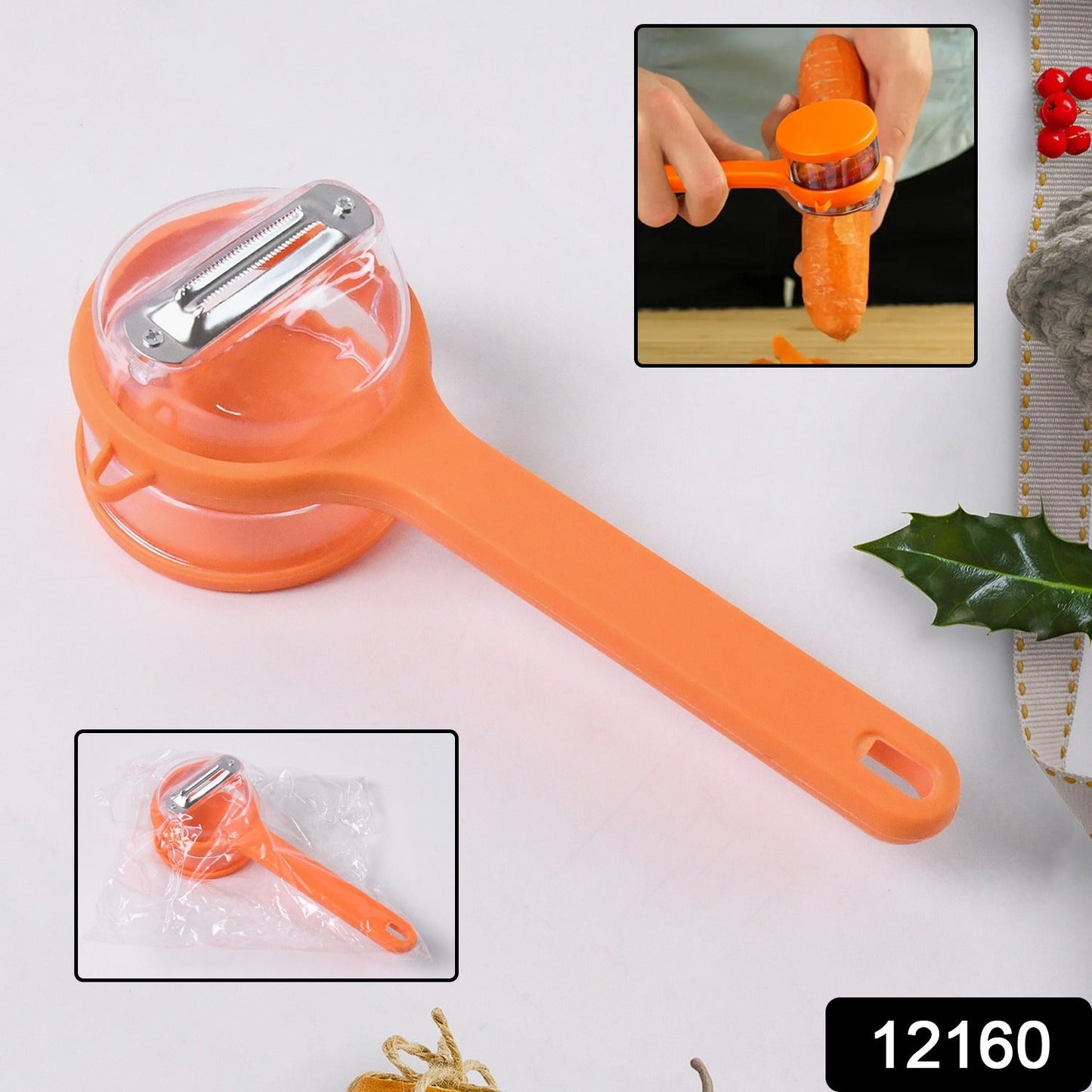 Close-up of stainless steel blade and ergonomic handle of peeler