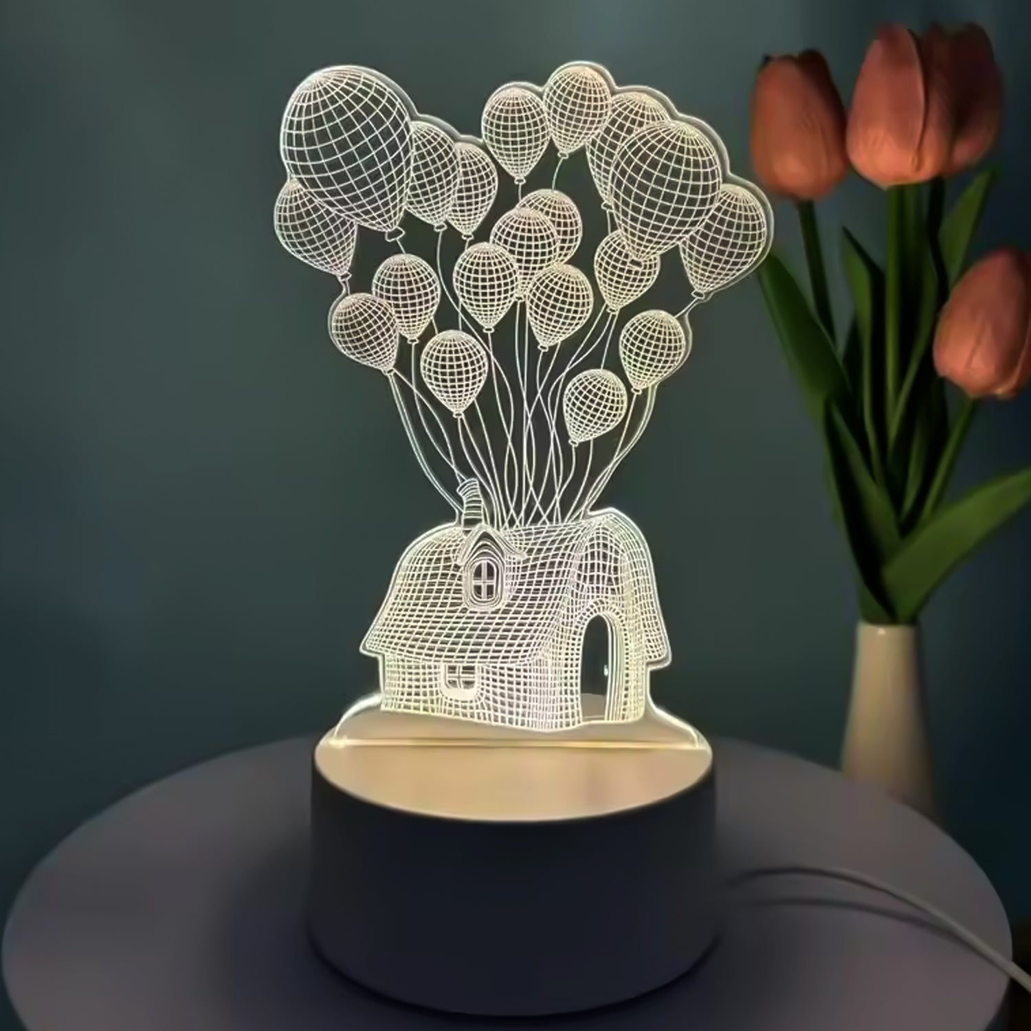 3D Illusion LED Night Lamp with house and balloons design on wooden table