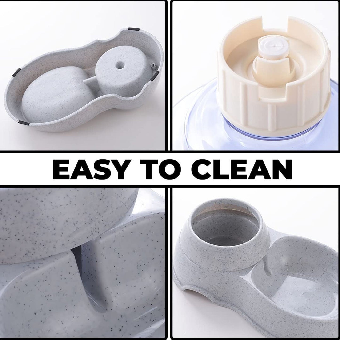 Gravity-fed pet water dispenser and food bowl combo, showing dual functionality.