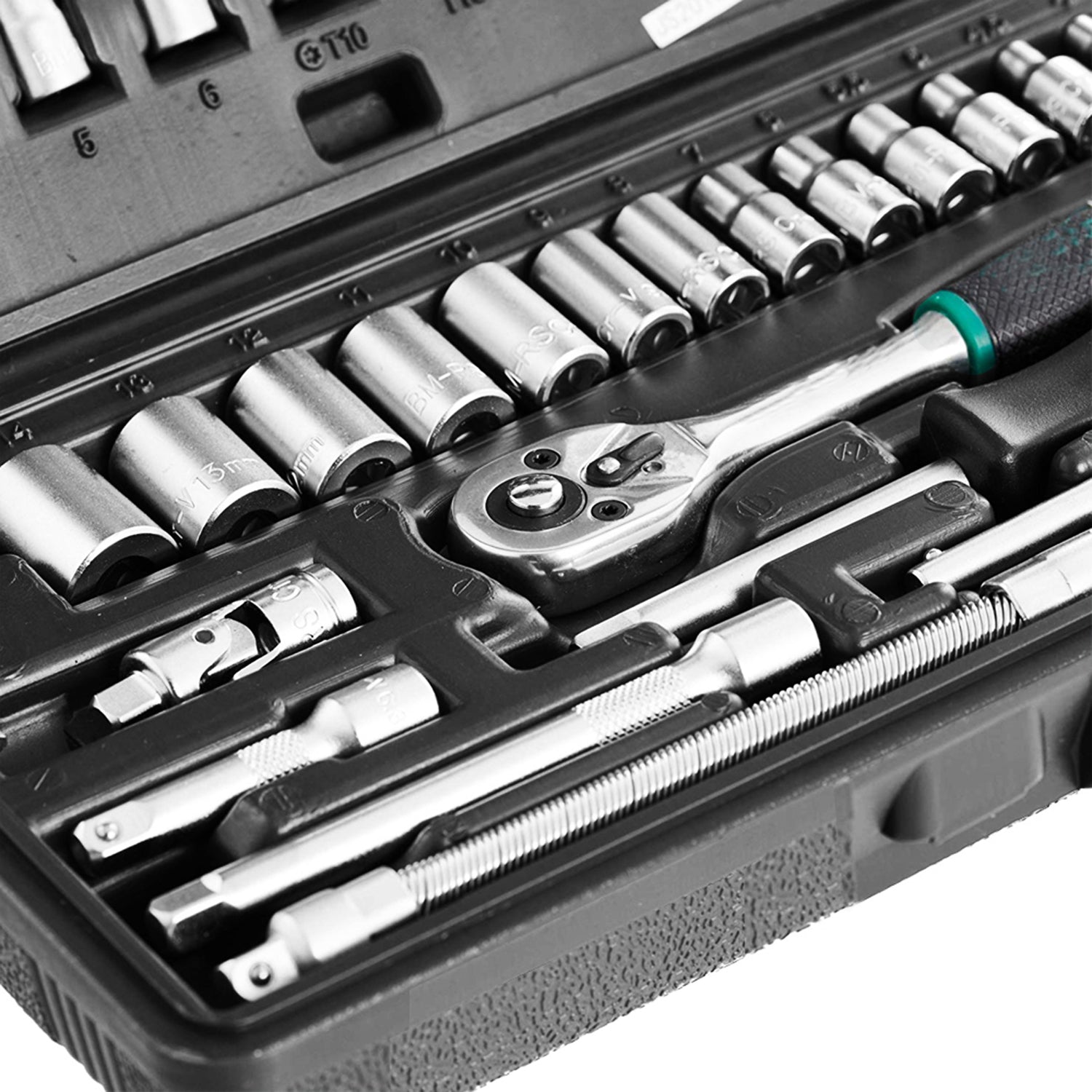 Detailed view of the various socket sizes and bits included in the versatile 46-piece set.