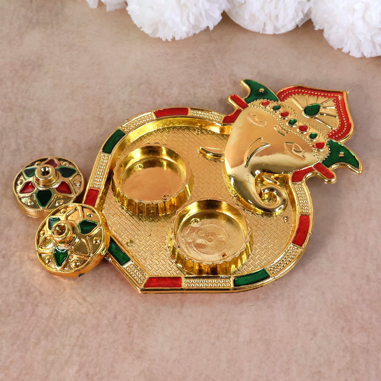 Ganesh Kumkum Box showing twin round containers with lids