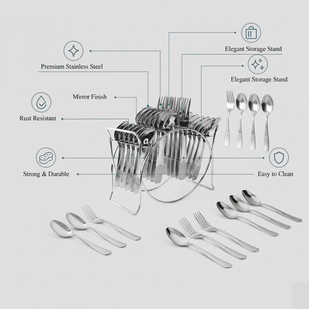 Close-up of spoons and forks from stainless steel cutlery set with mirror finish