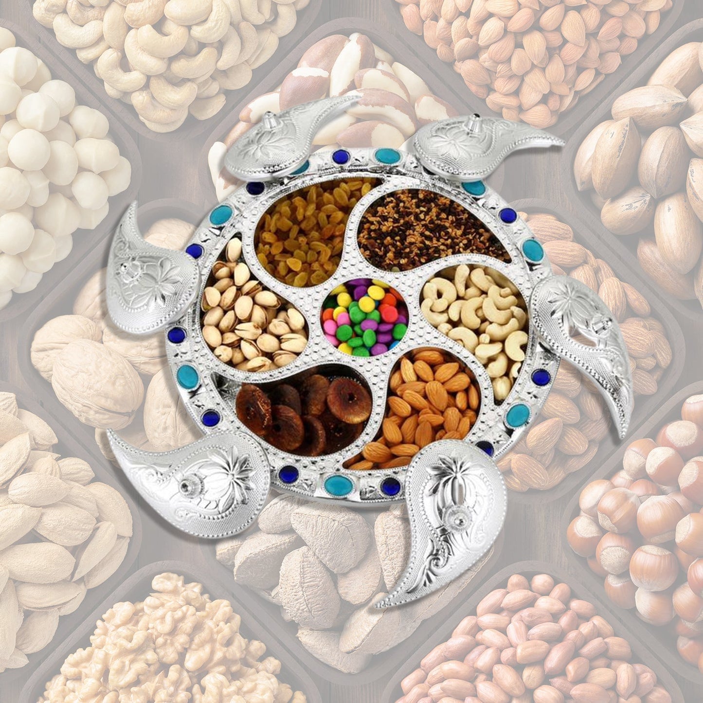Rotating Dry Fruit Tray with 7 compartments, elegantly filled with Indian snacks.
