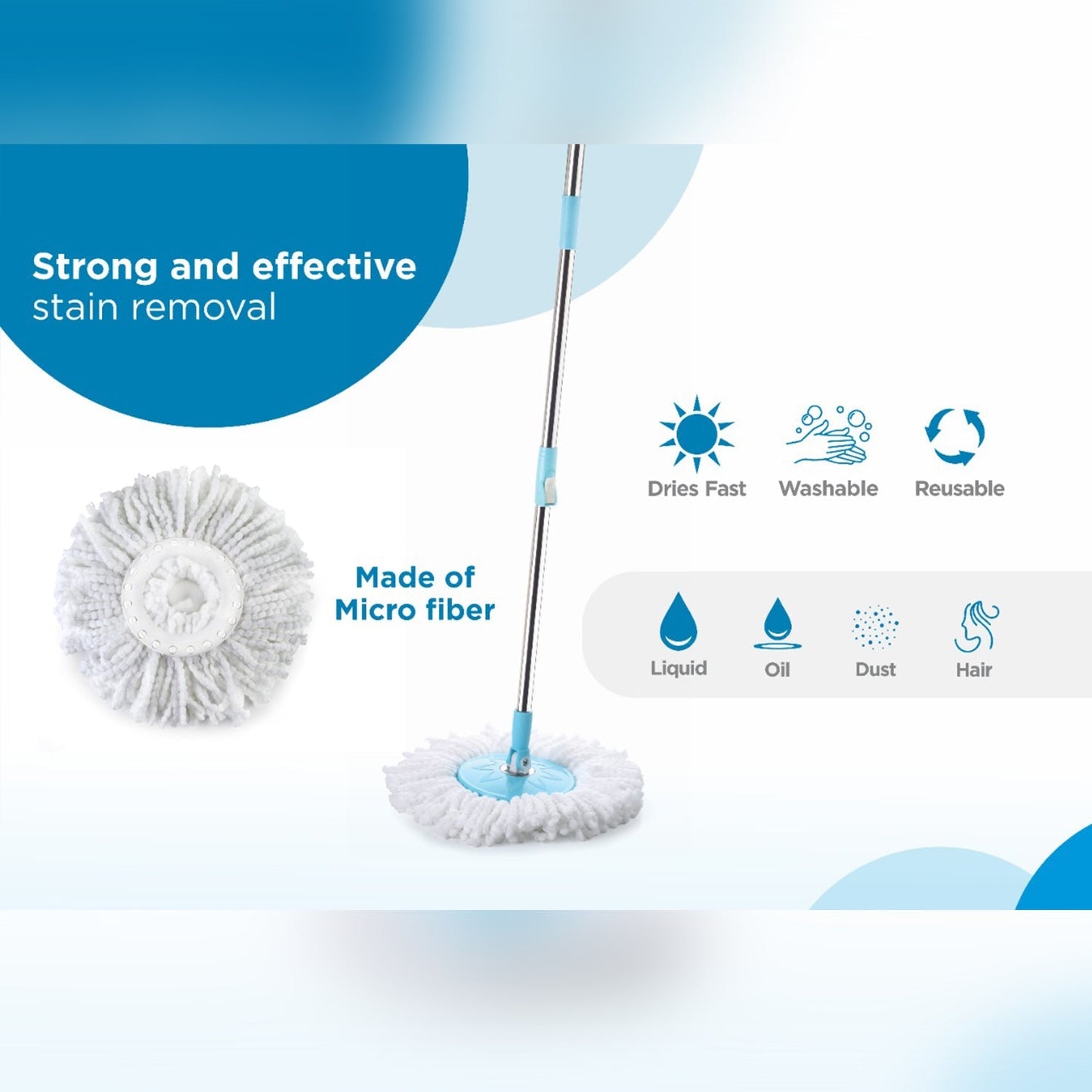 Durable plastic spin mop with large, stable wheels for smooth movement.