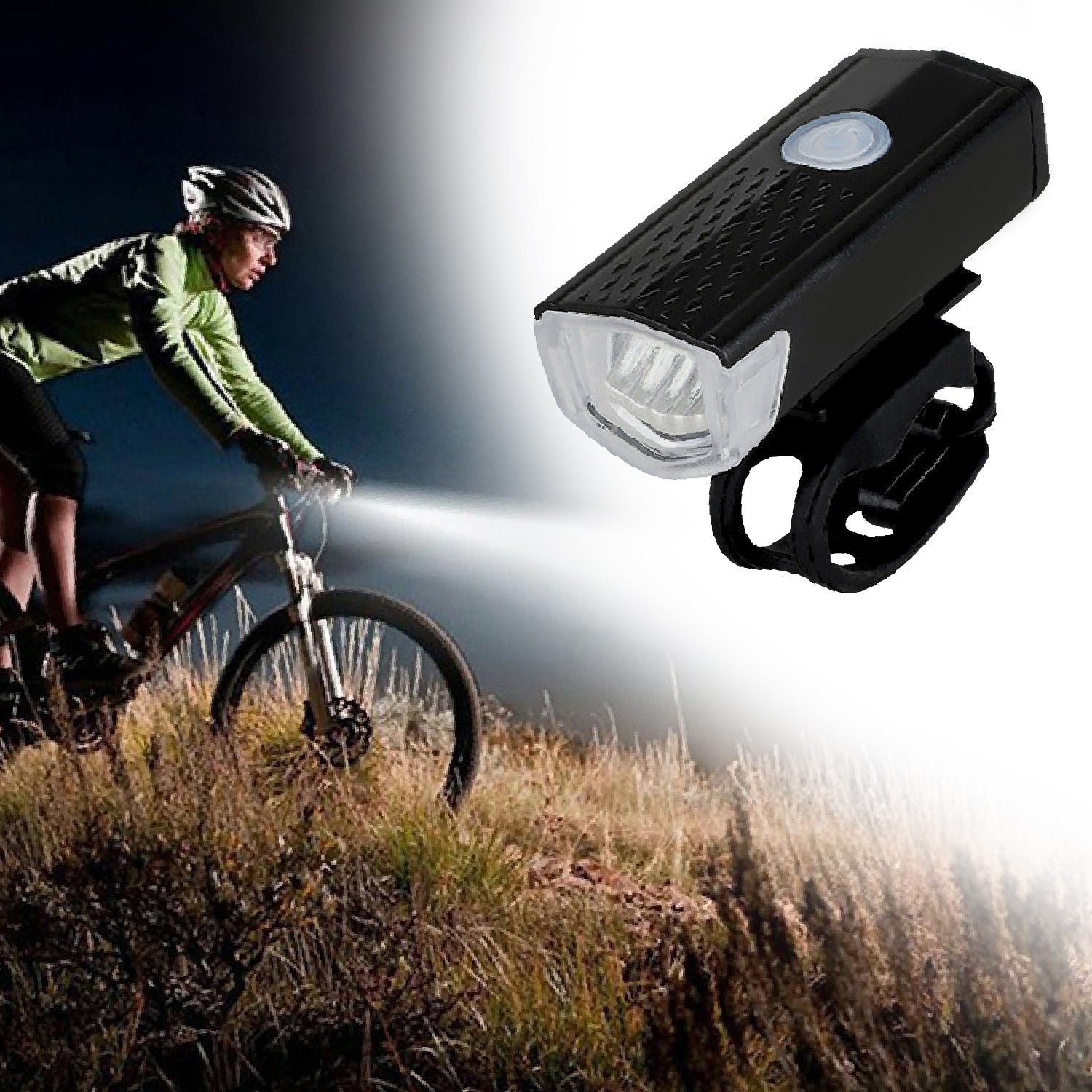 USB rechargeable bicycle headlight mounted on handlebars.