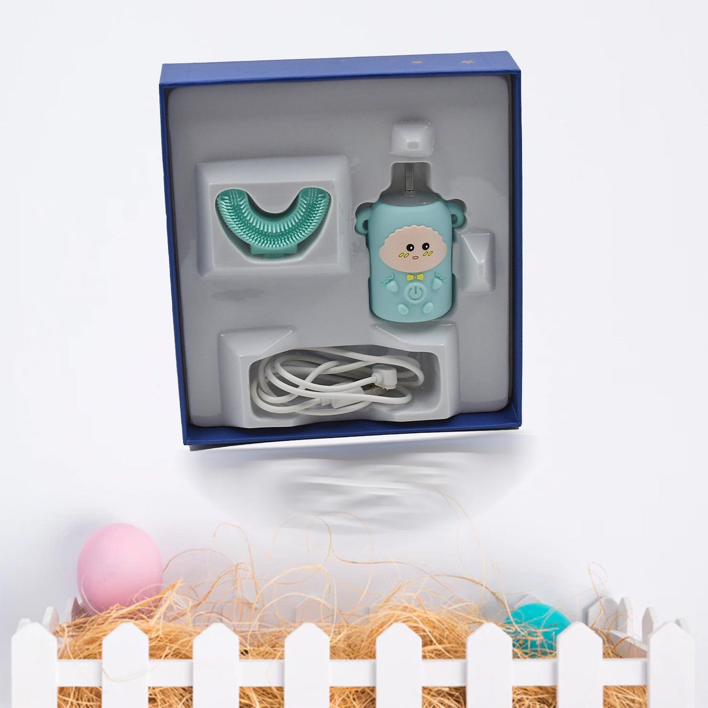 Packaging of the MintGuard U-shaped Kids Electric Toothbrush with key features highlighted.