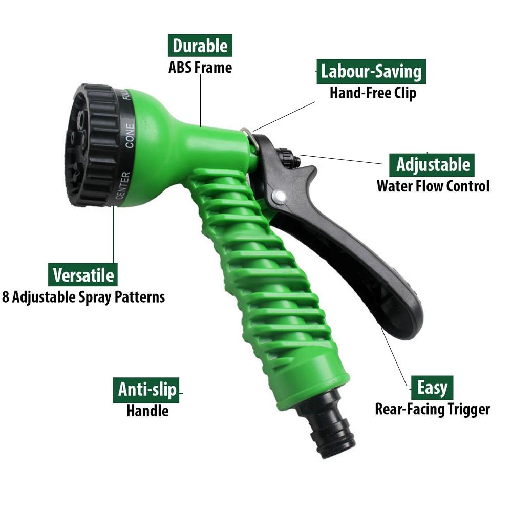 Adjustable plastic garden hose nozzle showing multiple spray patterns.