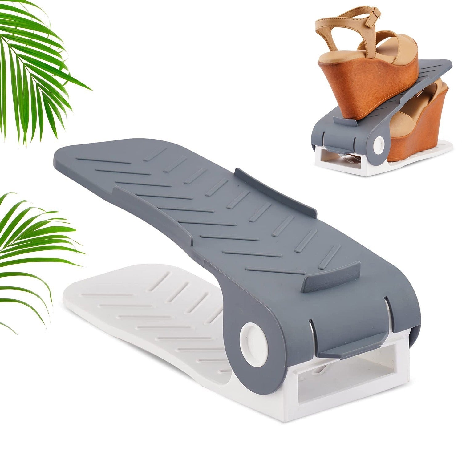 Side view of an adjustable shoe organizer demonstrating its two-tier design for footwear.