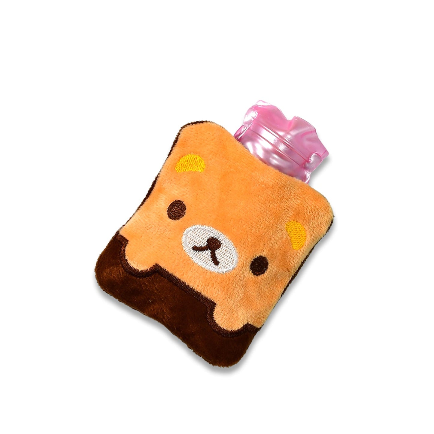 Brown hot water bag with cute panda design, shown in use for warmth.