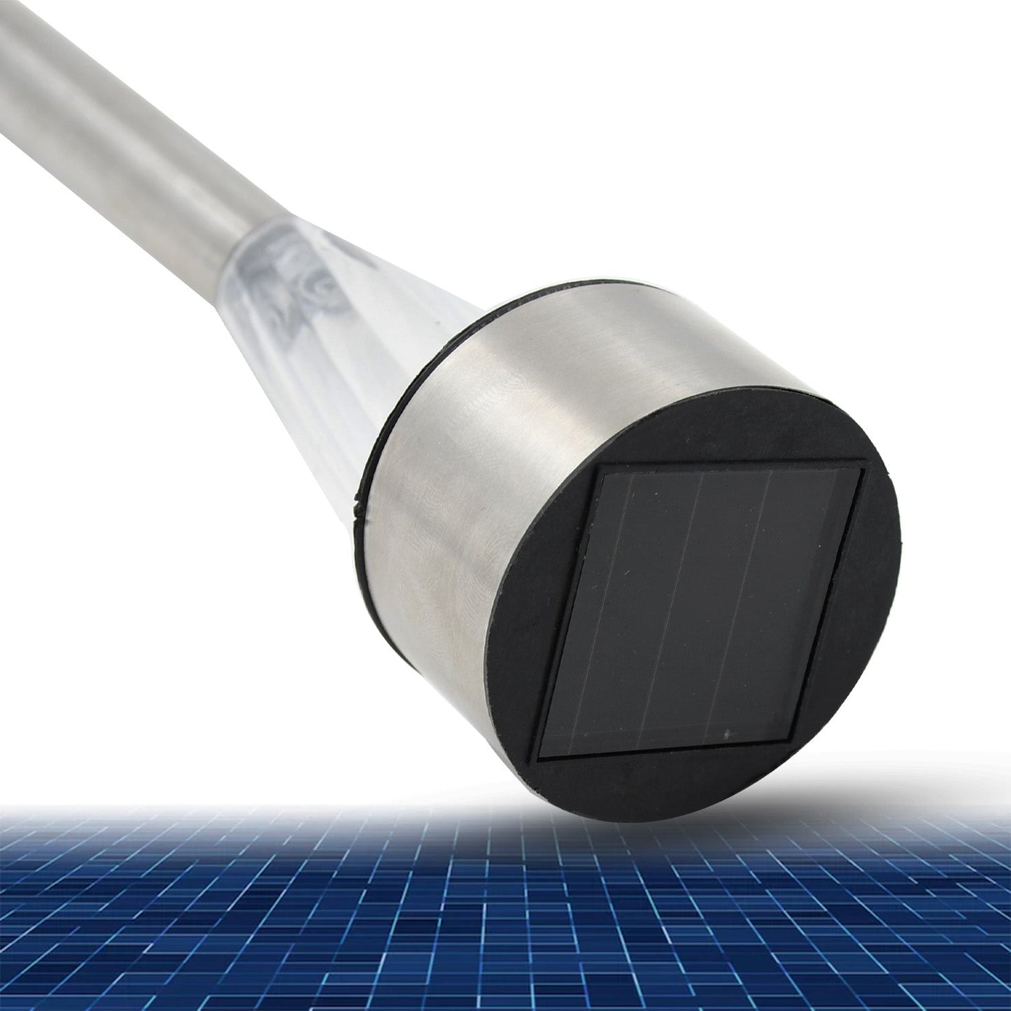 A single Solar LED Spike Light firmly planted in a lush green garden bed.