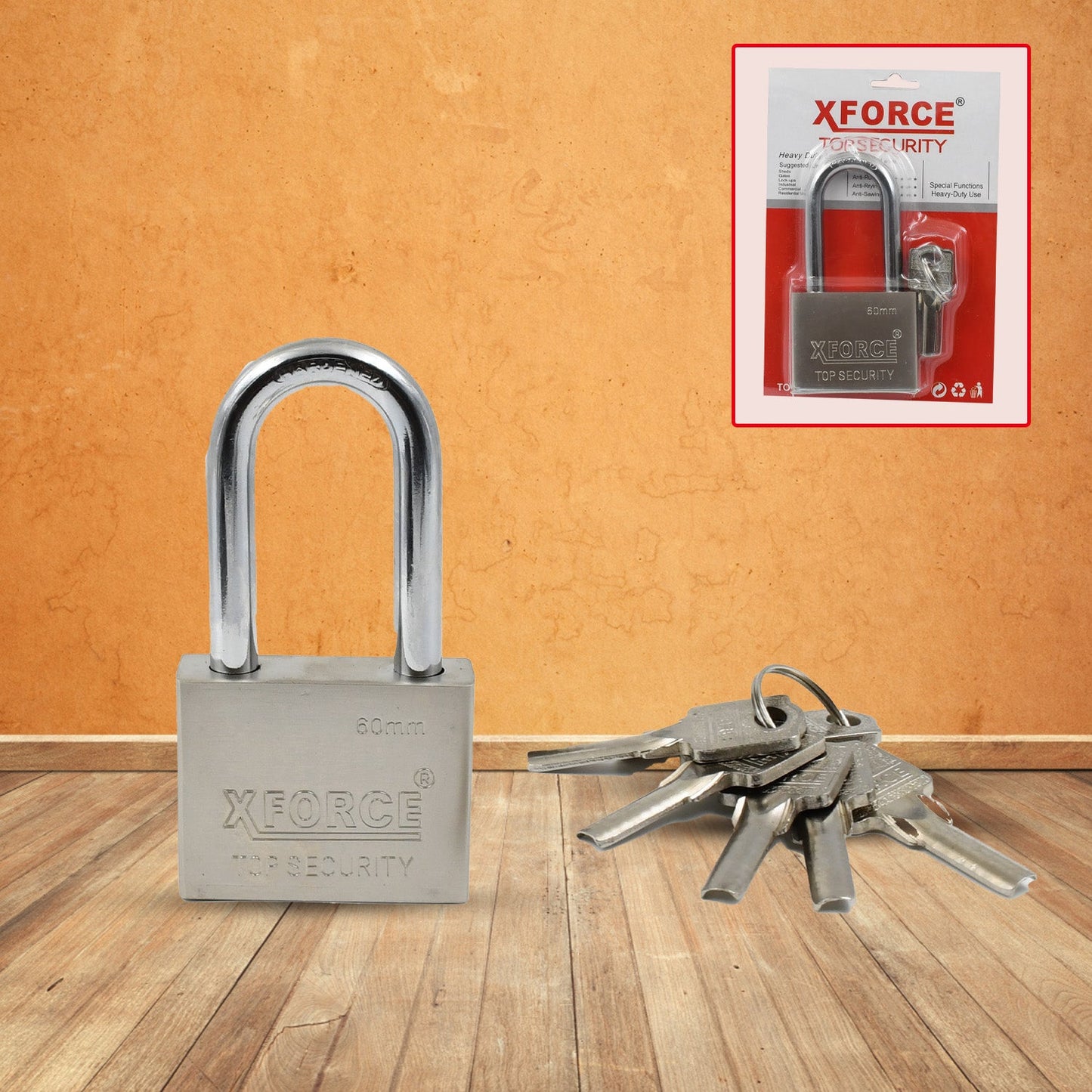 Robust 60mm padlock providing reliable security for a gate or shed.