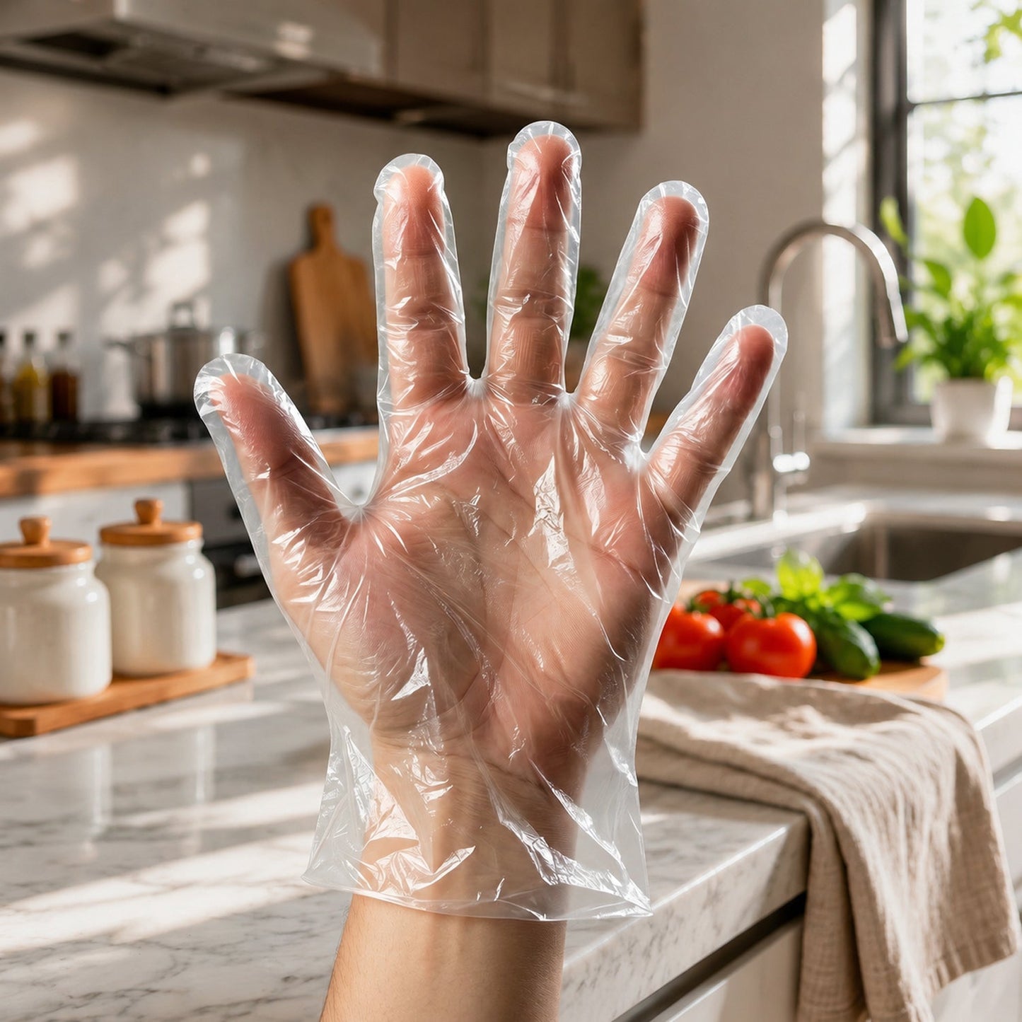 Plastic gloves for cleaning and food processing, lightweight and flexible