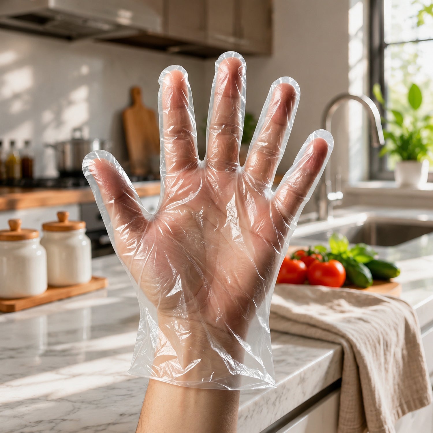 Plastic gloves for cleaning and food processing, lightweight and flexible