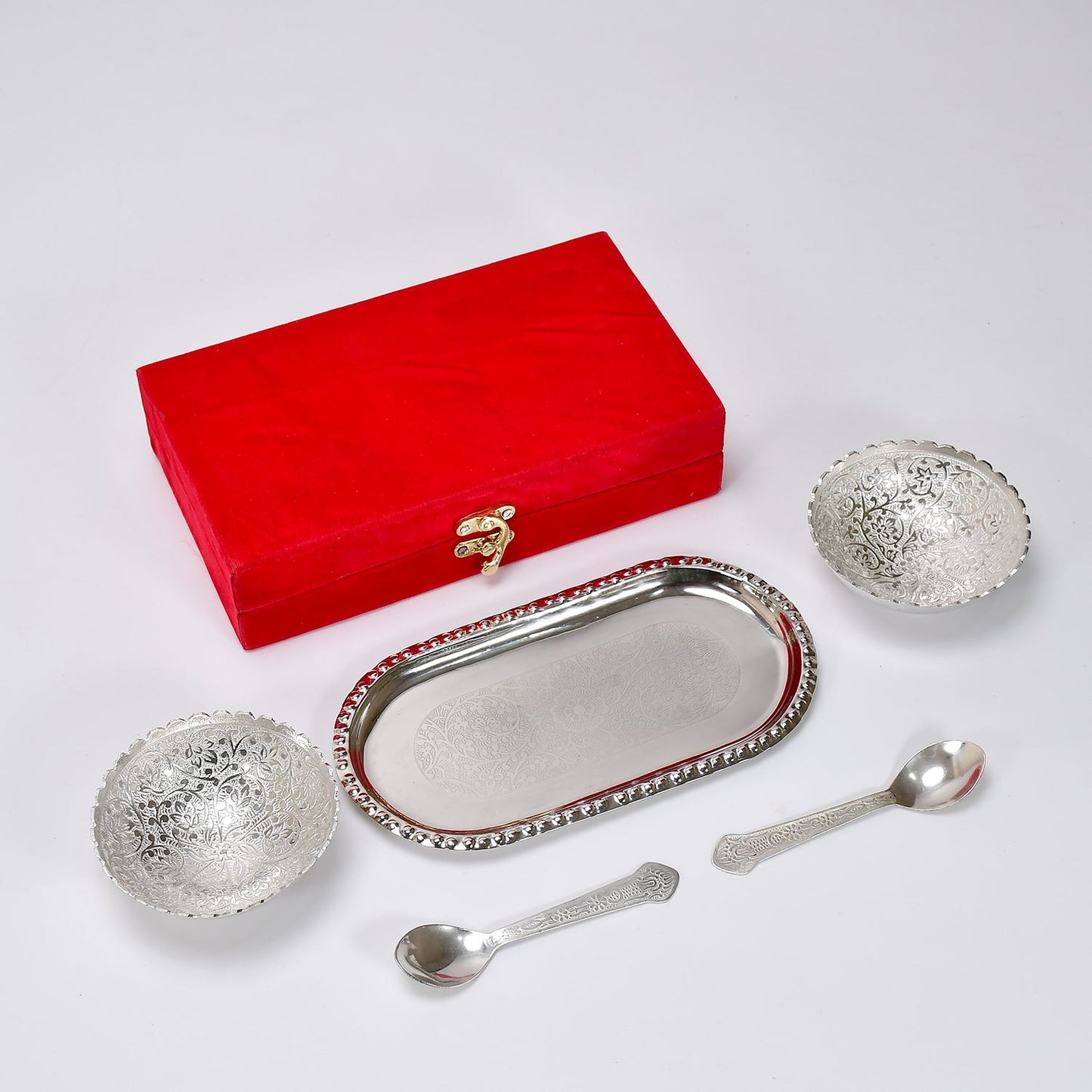 Elegant silver plated bowl set with two bowls, two spoons, and a tray, presented in a luxurious red velvet gift box.
