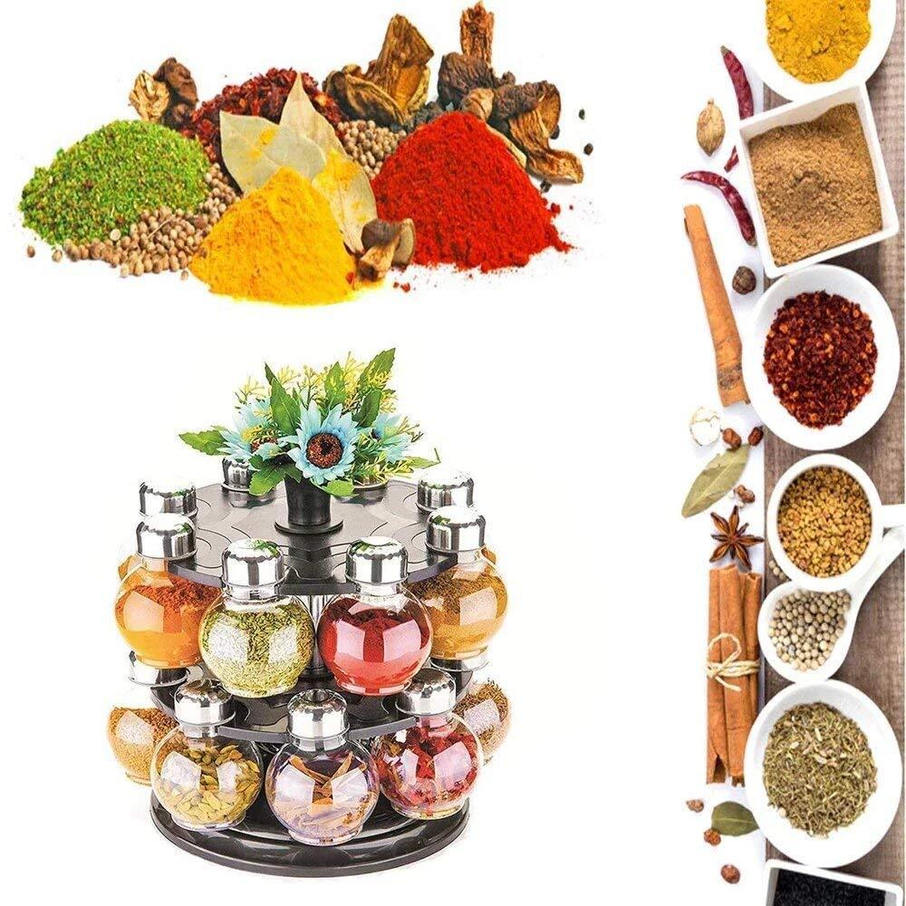 Revolving spice rack set on a kitchen counter, demonstrating its compact design.