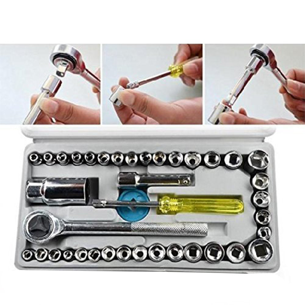 Overhead shot of the well-organized 40-piece socket toolkit in its case.