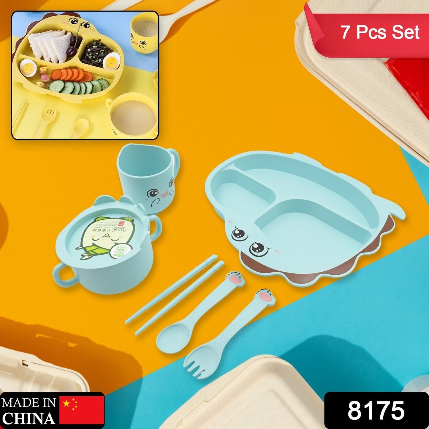 Components of the bamboo fibre feeding set laid out, showing the plate, bowl, mug, and cutlery.