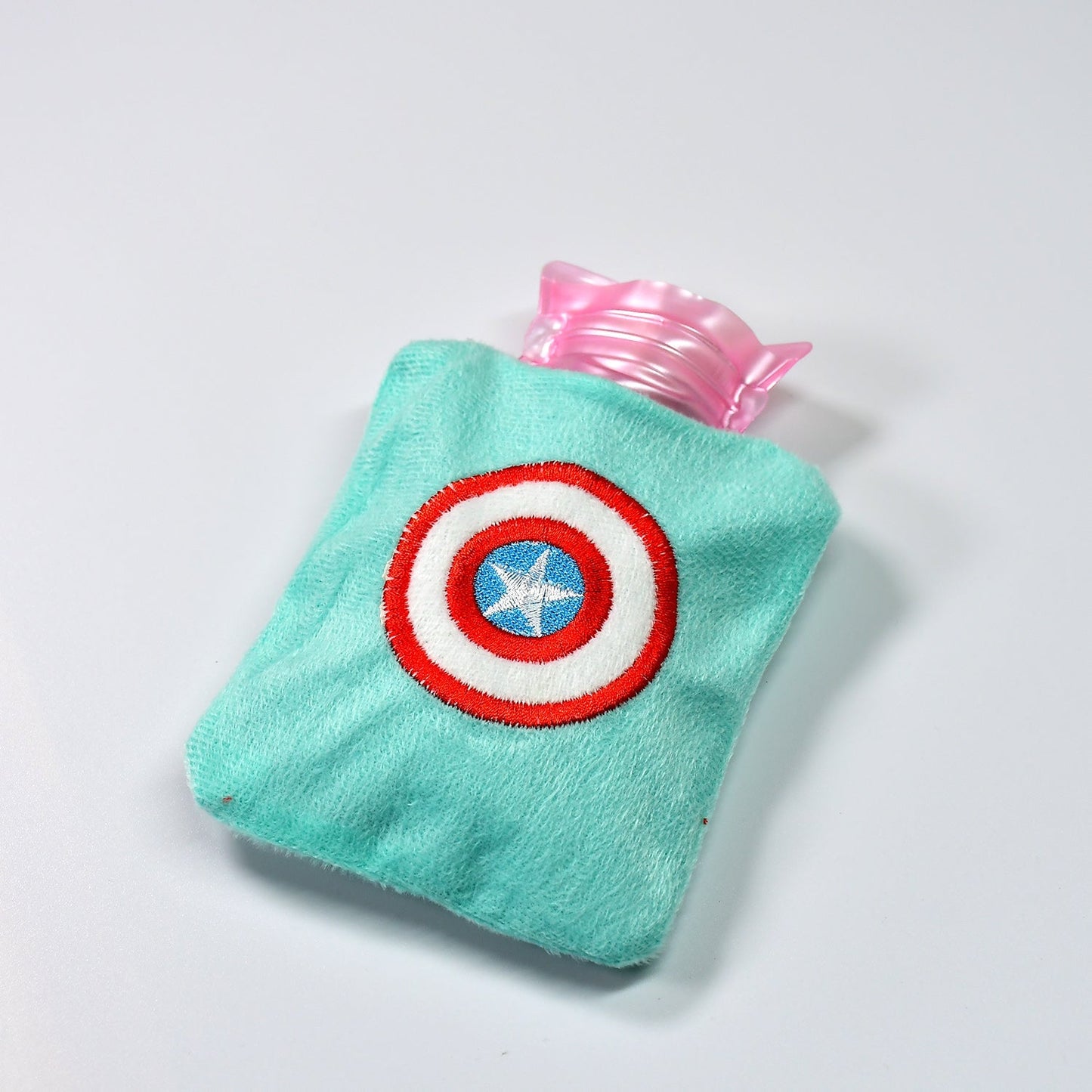 Side view of the Captain America hot water bag illustrating its compact size.
