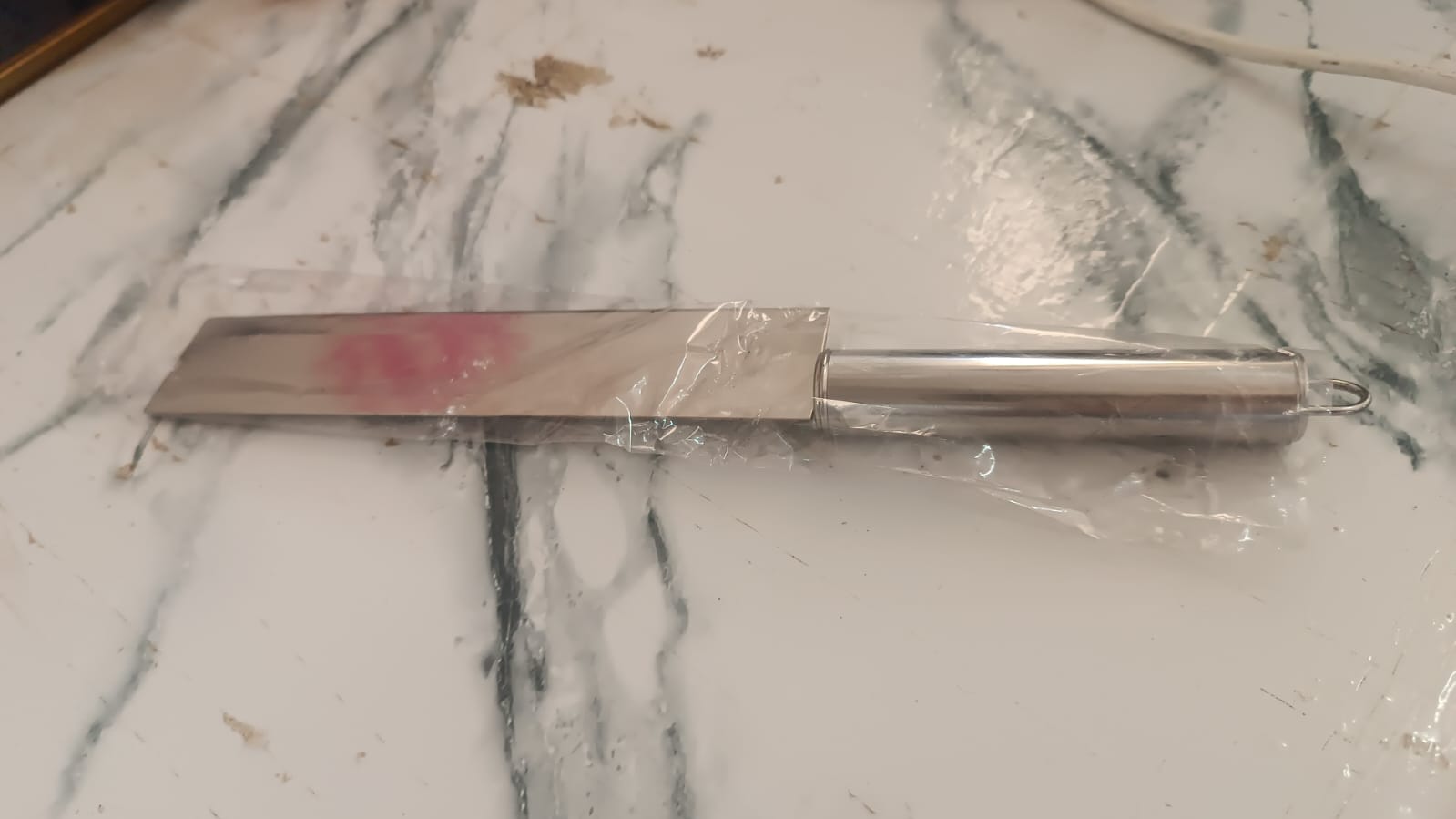 Stainless steel vegetable cleaver knife alternative angle showing blade and handle