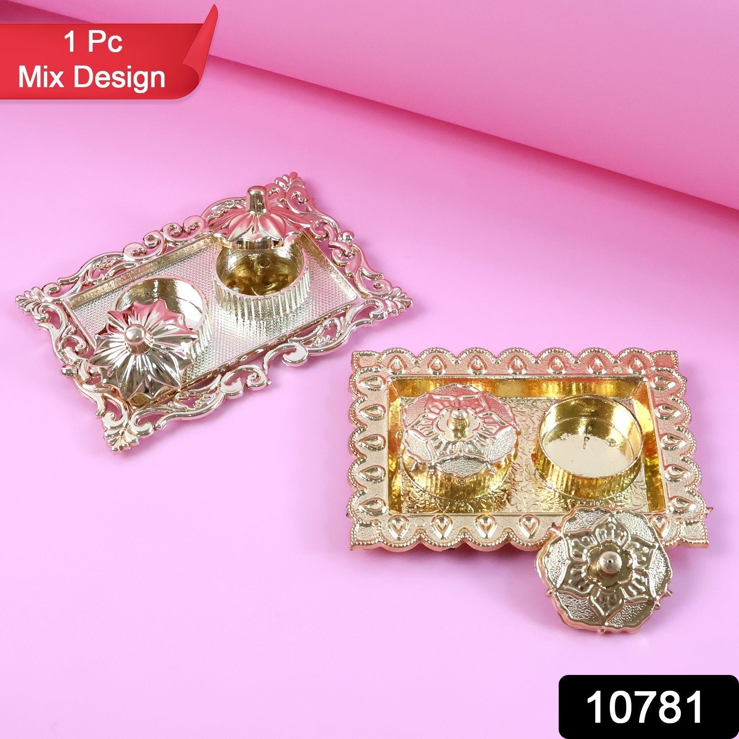 Close-up of rectangular pooja thali tray with ornamental border and pooja essentials