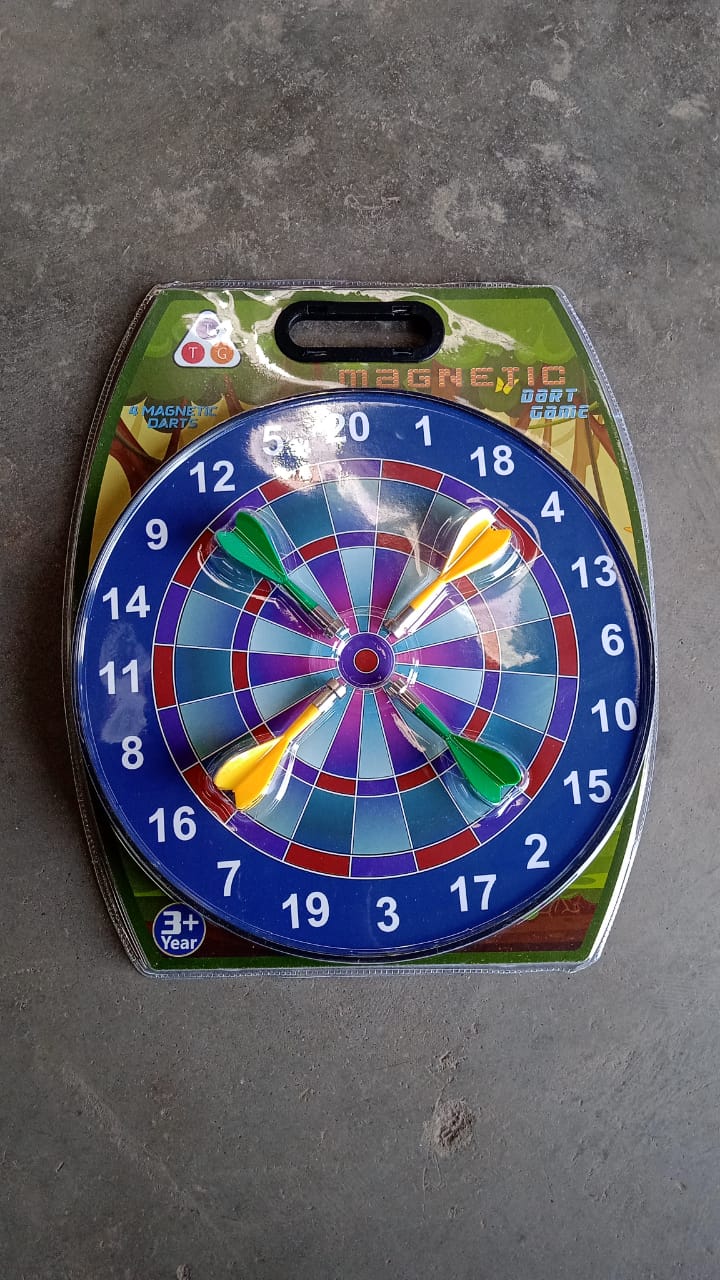 Packaging of magnetic dartboard game set with darts inside
