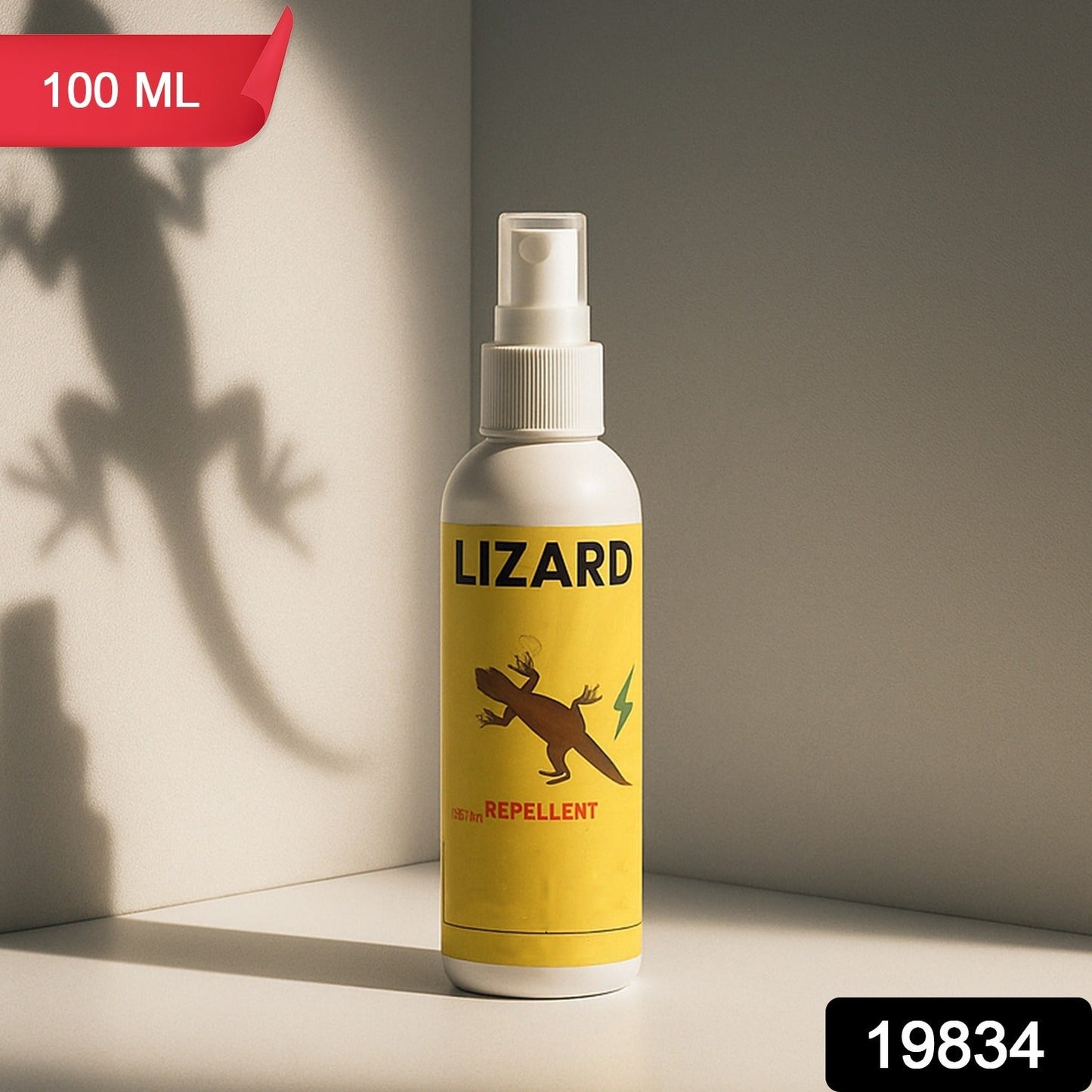 Lizard repellent spray bottle displayed on white background for home use