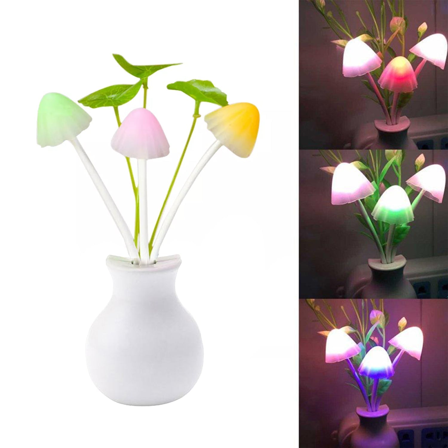 Multicolor LED mushroom night light illuminating a room with a soft glow.